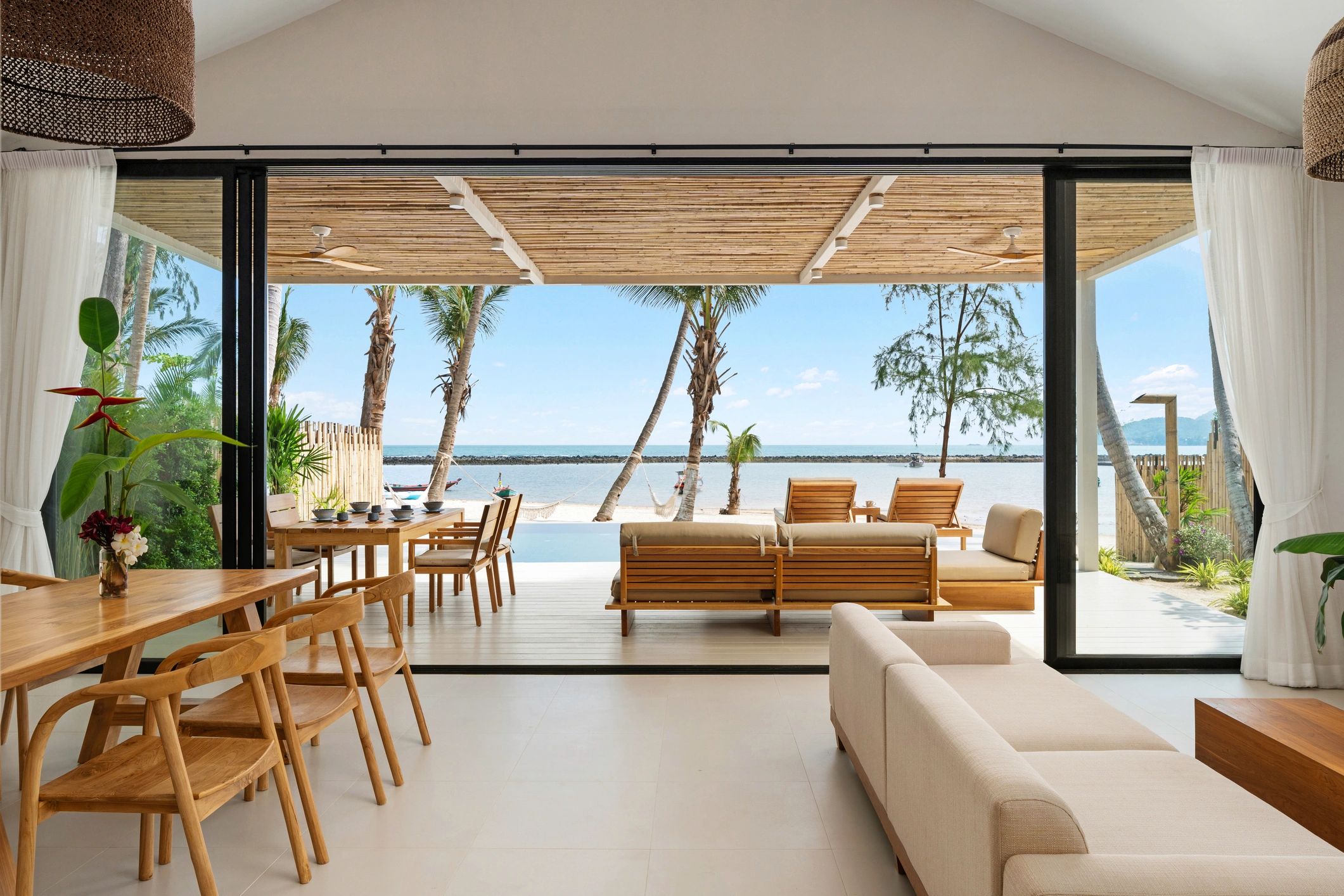 Modern luxury villa living room with ocean view